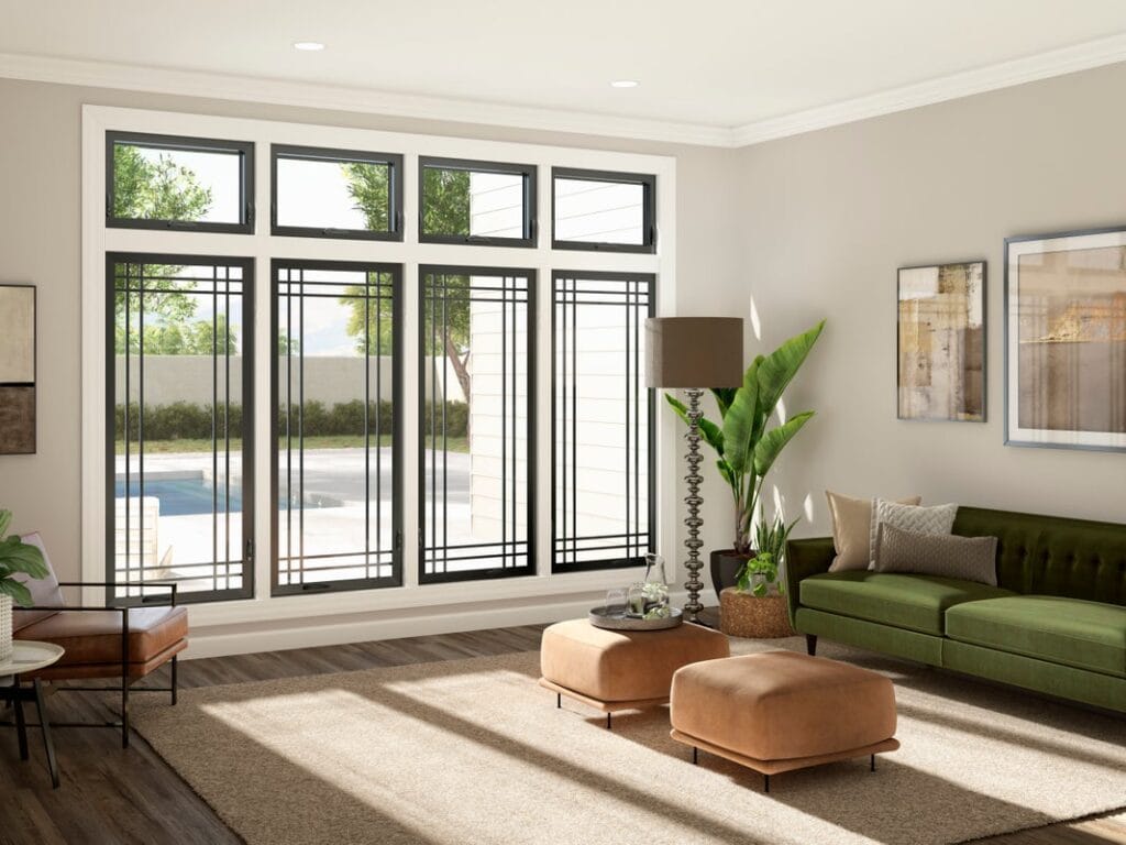 Replacement awning windows from Window World in living room overlooking a pool