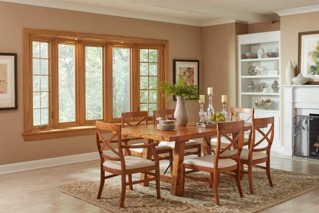Window World Bow Windows with woodgrain frame.